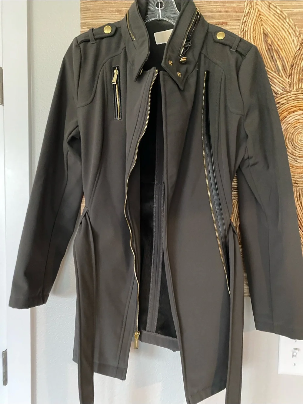 COPY MK Dark Olive Micro Fur Lined Coat Rain Resistant Stretch Hood Belt S